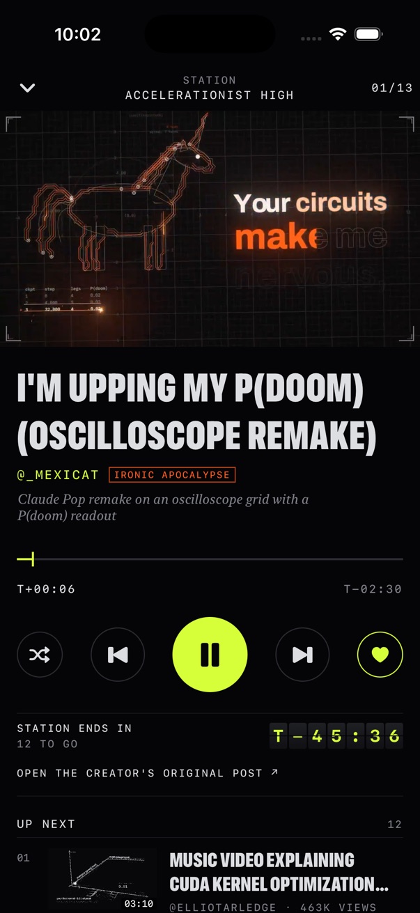 The player: a music video on top, the song and its creator below, and the play controls.